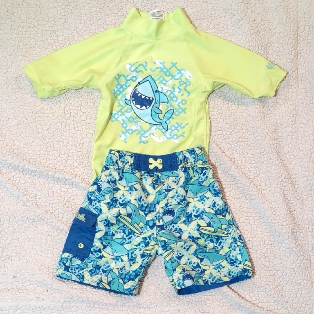 Vibrant Green and Blue Rashguard Swim Set with UV Protection
